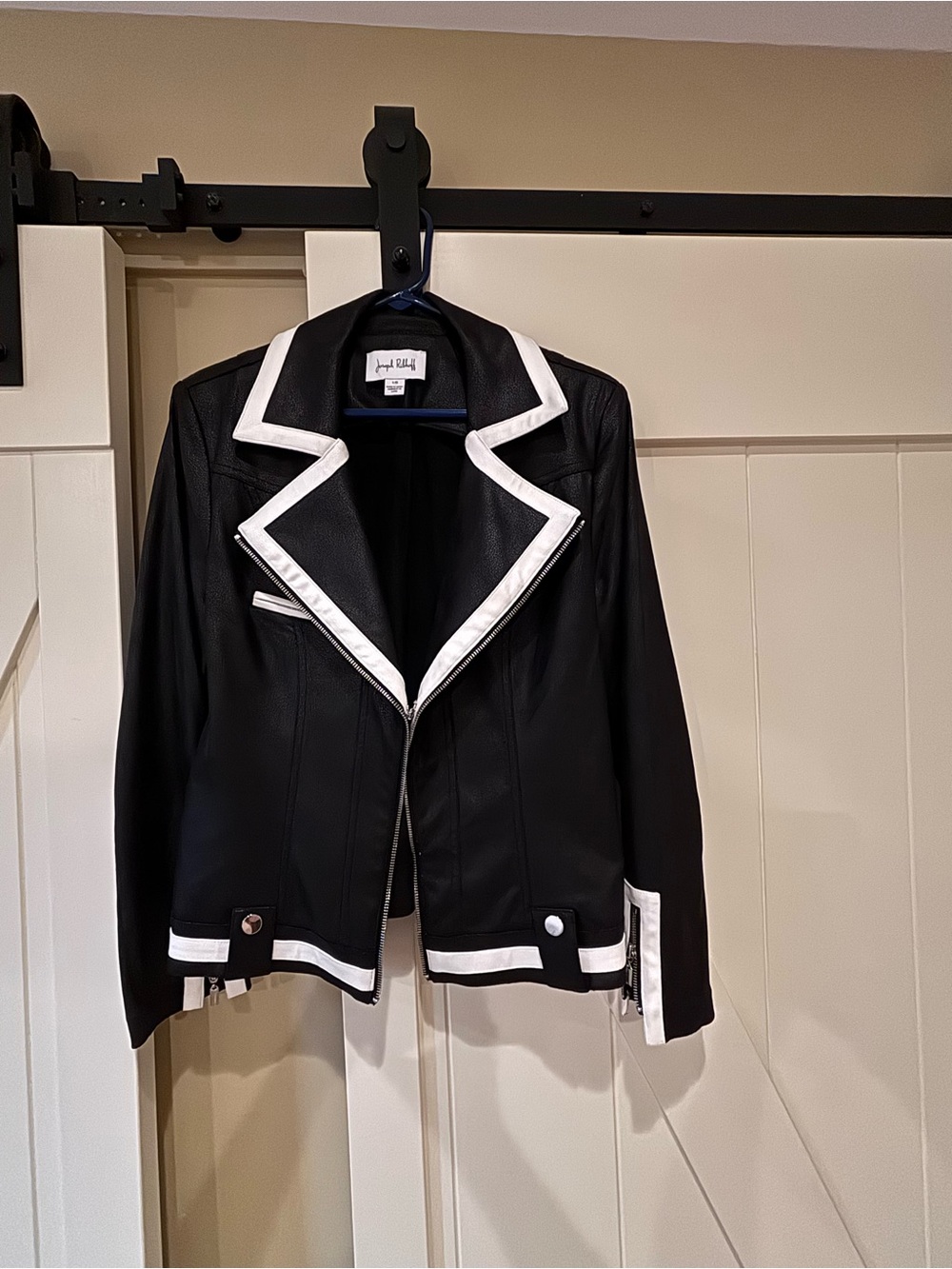 Joseph Ribkoff Black Faux Leather Jacket with White Trim